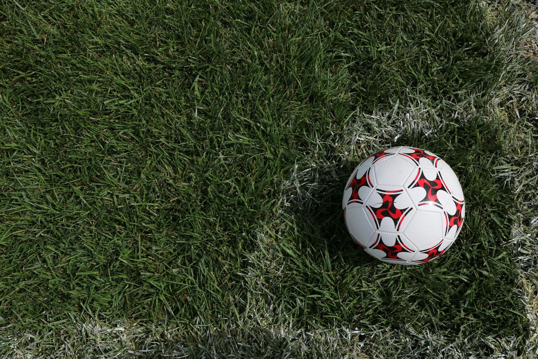 Ein weiß-roter Fußball liegt auf grünem Gras neben einer weißen Markierungslinie.