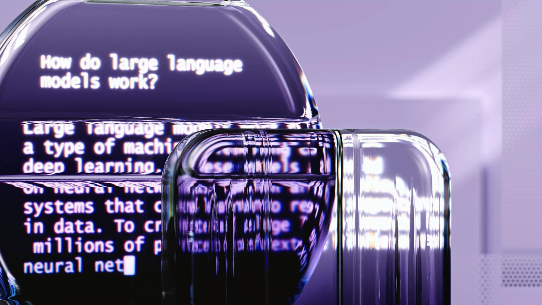 Lila Bildschirm mit Text zu Sprachmodellen, durch transparente, glänzende Objekte verzerrt und reflektiert.